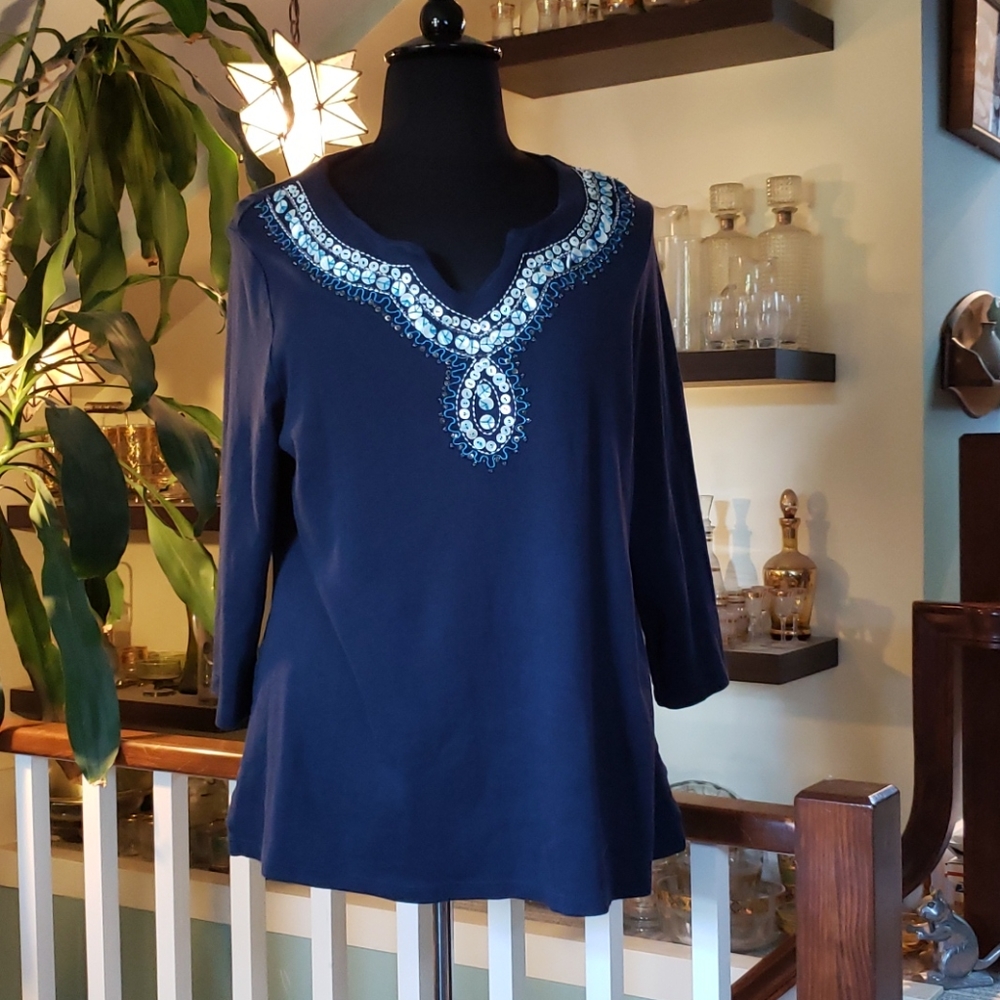 Vintage Charter Club Womens Beaded Neckline Navy Tunic
